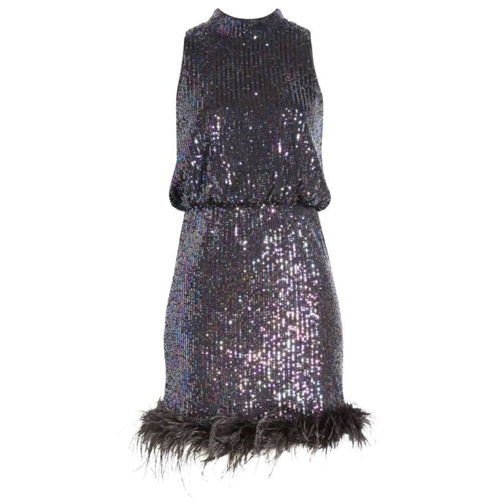 NWT Eliza J Black Feather Trim Sequin Blouson Mini Dress - Picture 3 of 8